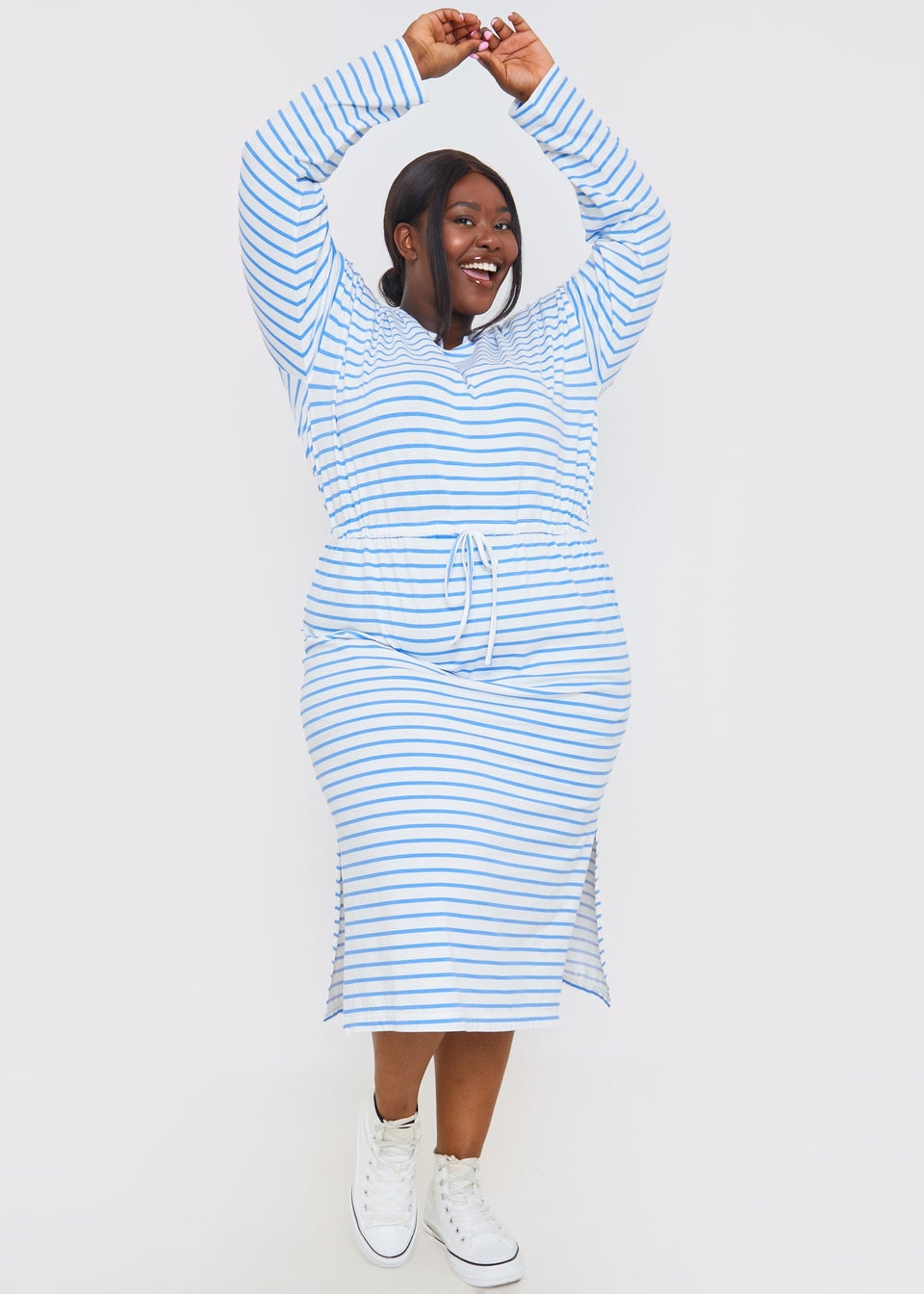 In The Style Blue Stripe Print Drawstring T-Shirt Dress