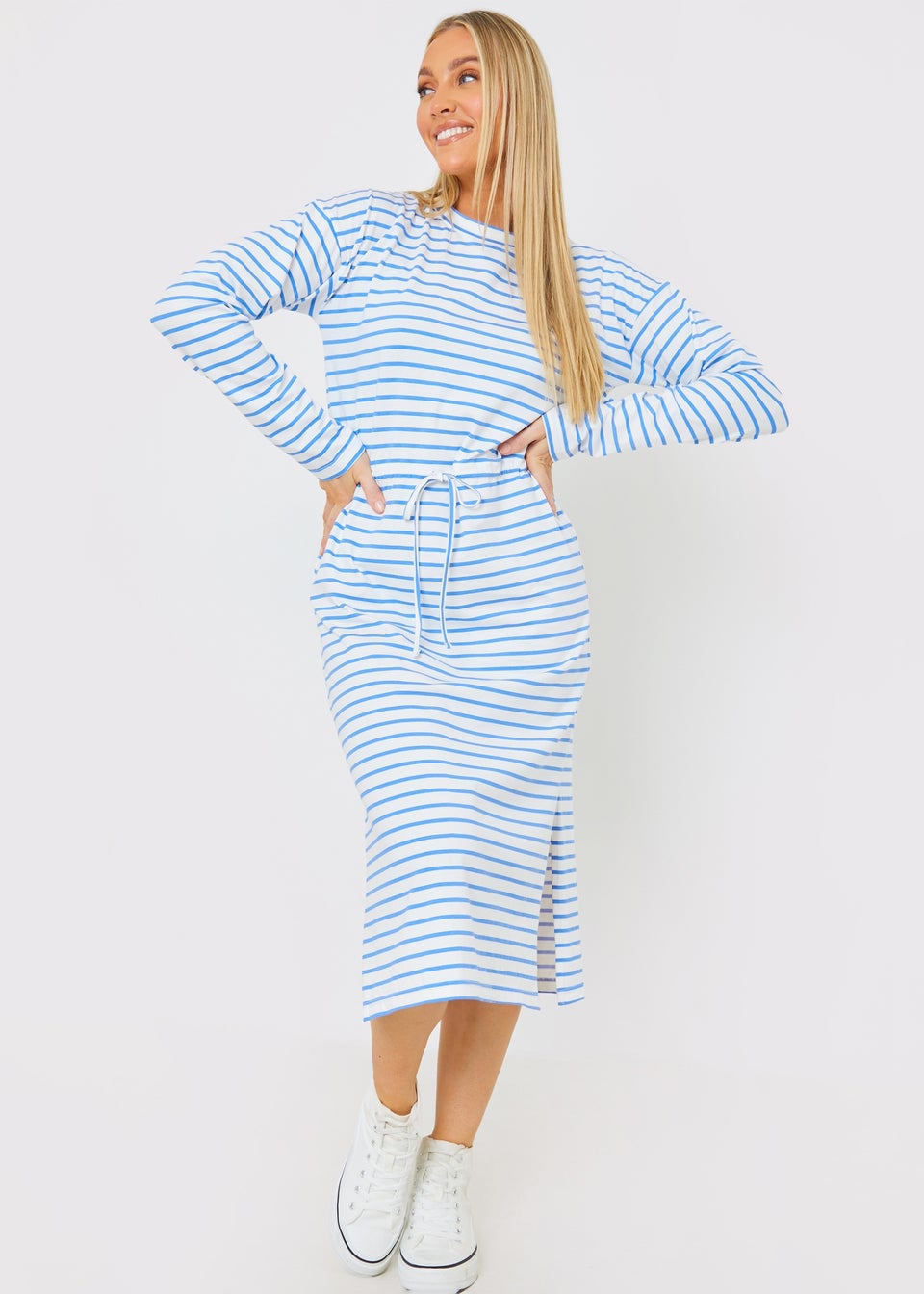 In The Style Blue Stripe Print Drawstring T-Shirt Dress