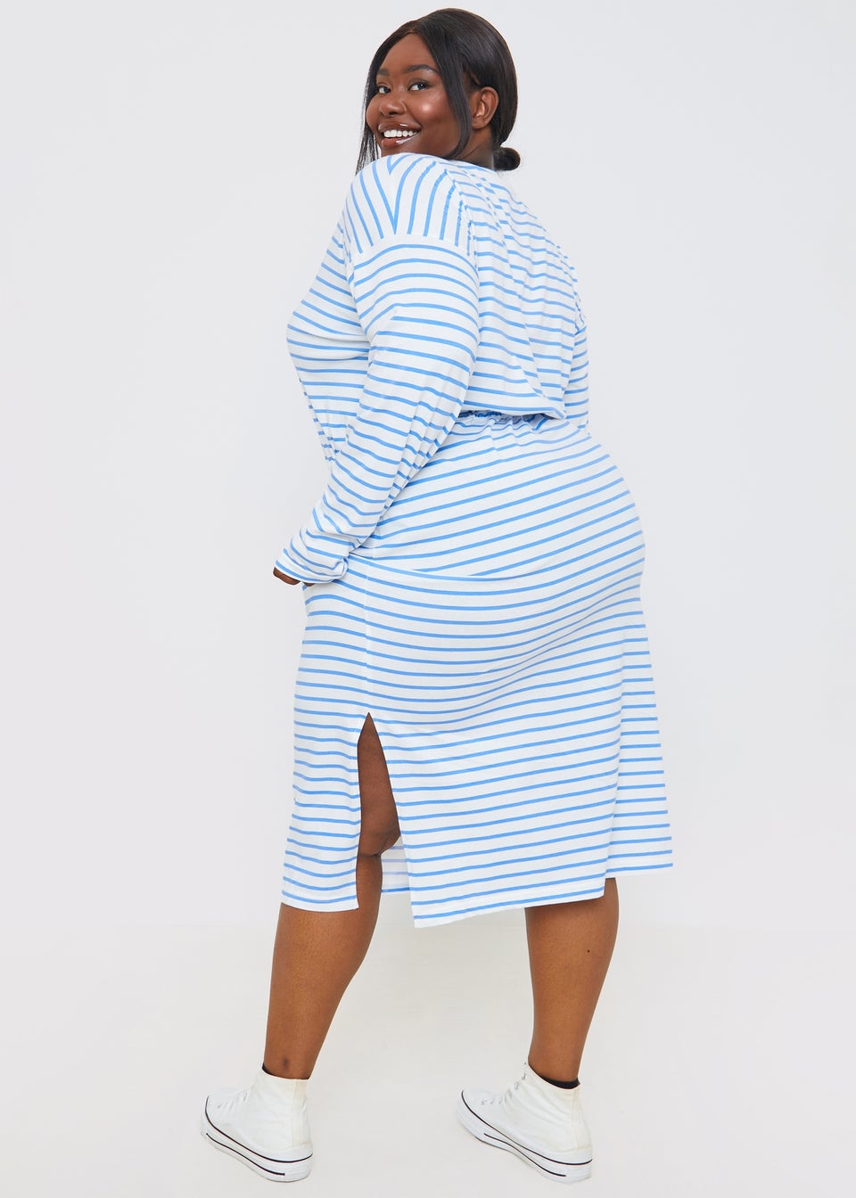 In The Style Blue Stripe Print Drawstring T-Shirt Dress