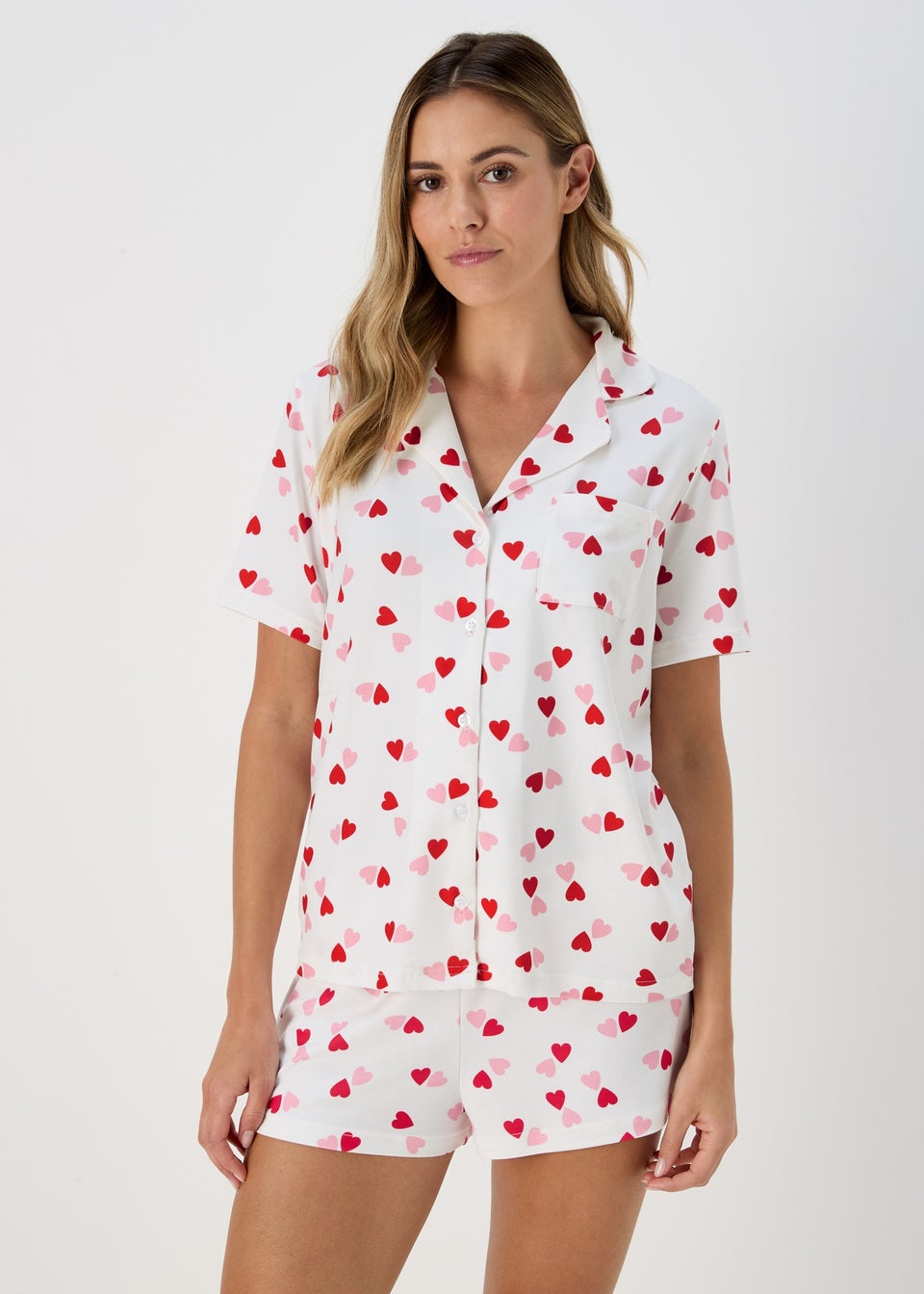 White & Pink Heart Shorts & Nightie Pyjama Set