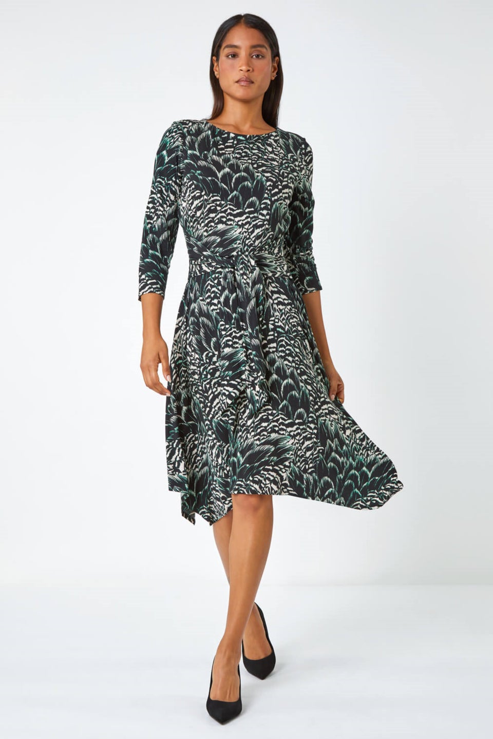 Green snake print tie waist dress online