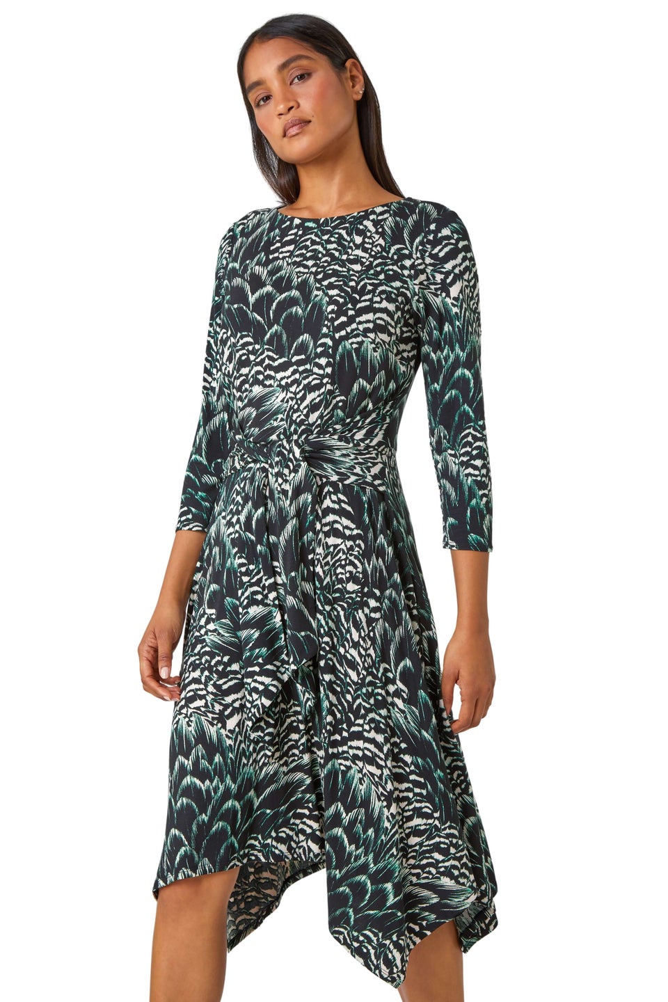 Roman Black Abstract Print Tie Waist Stretch Dress