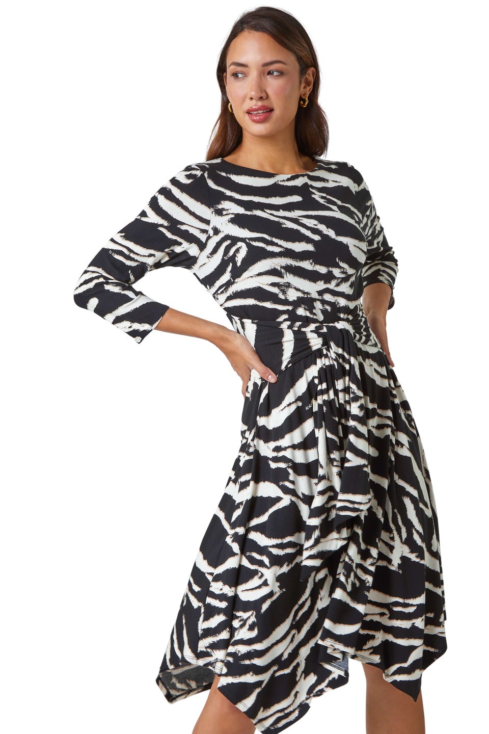 Roman Black Abstract Print Twist Waist Stretch Dress - Matalan