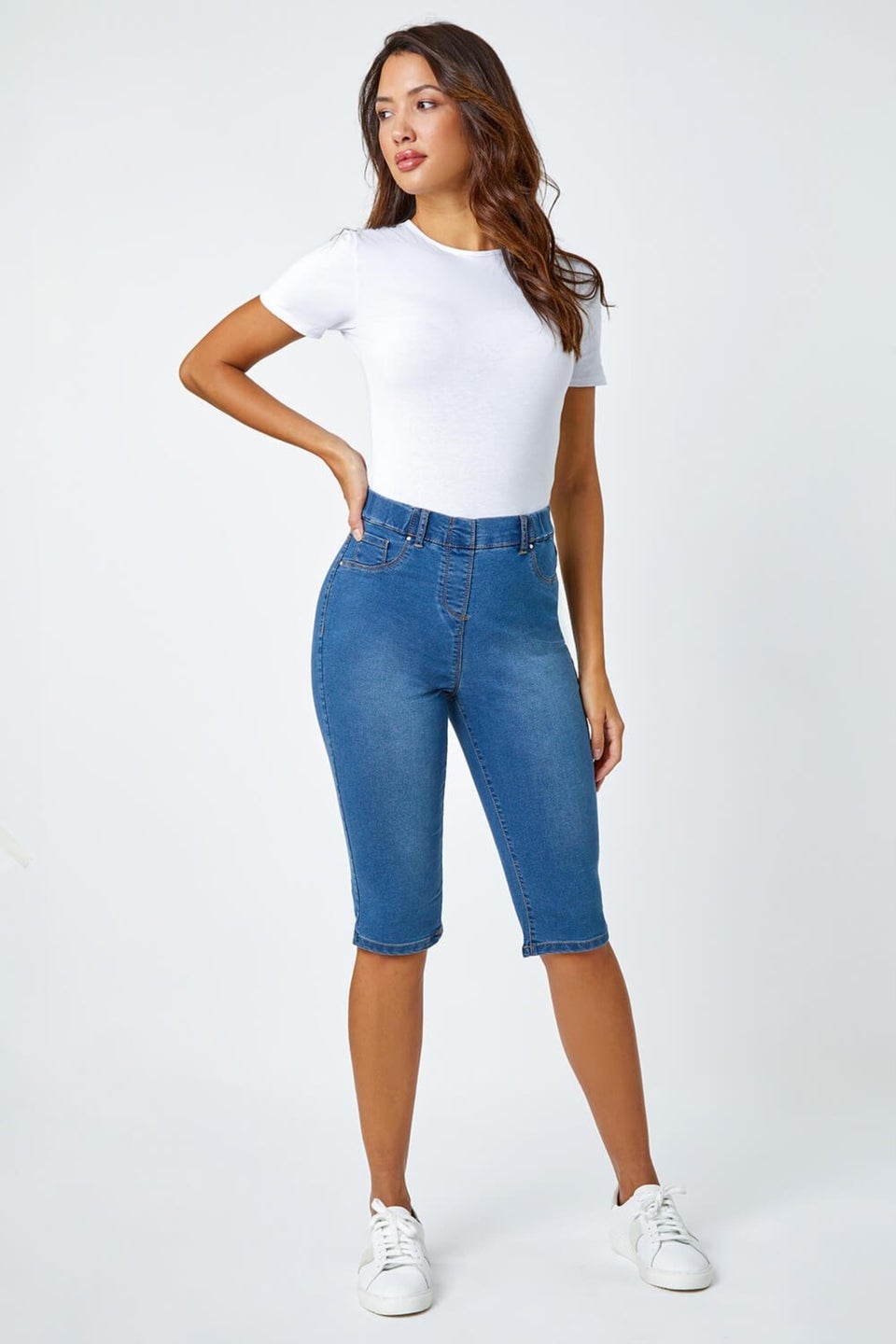 Denim pedal pusher shorts sales