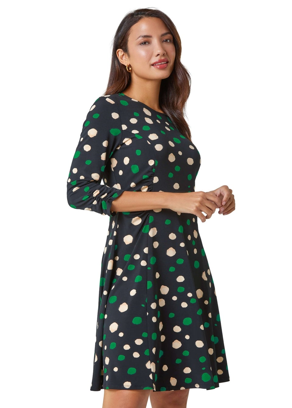 Roman Green Spot Print Gathered Stretch Dress