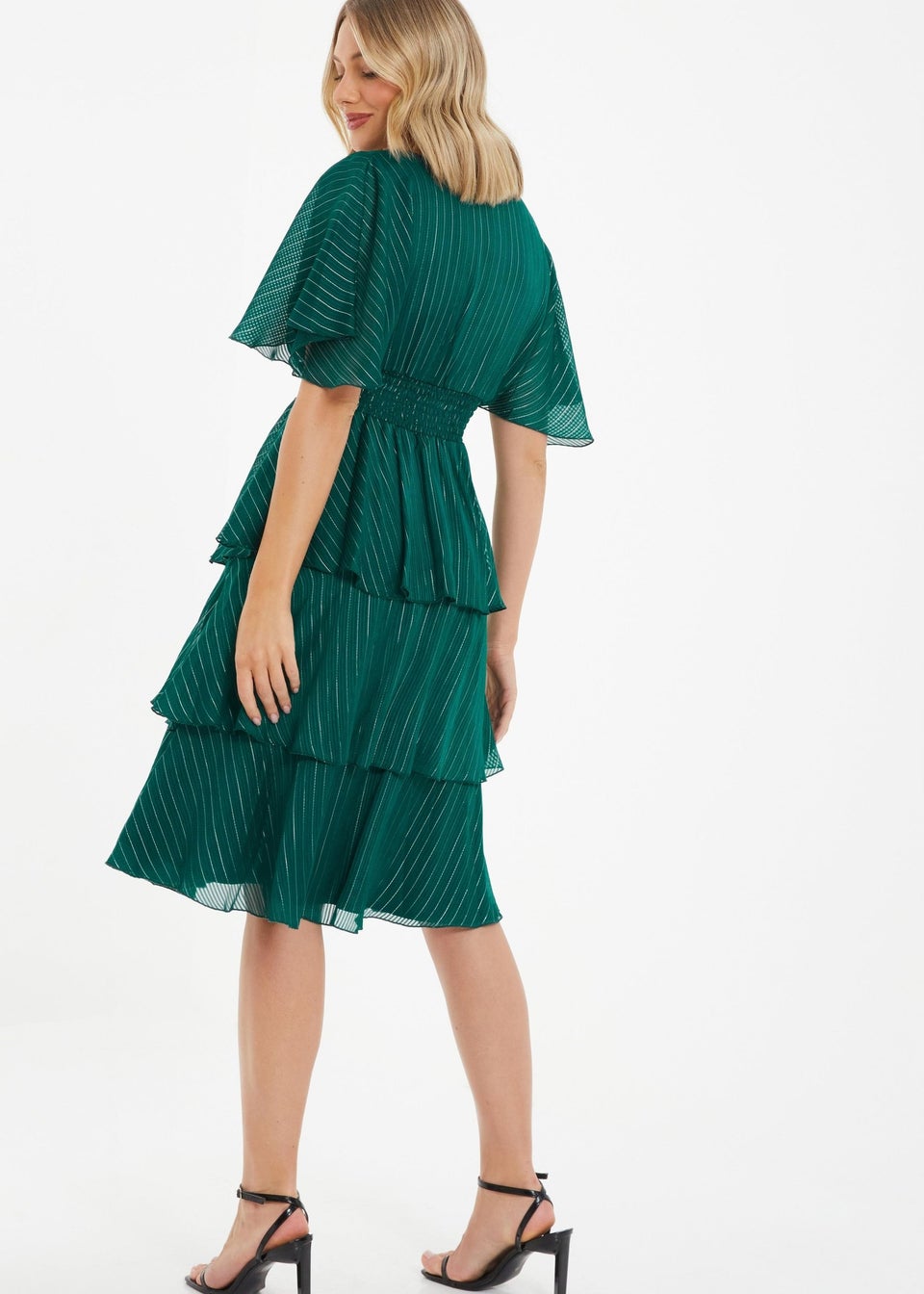 Quiz Green Glitter Chiffon Tiered Midi Dress - Matalan