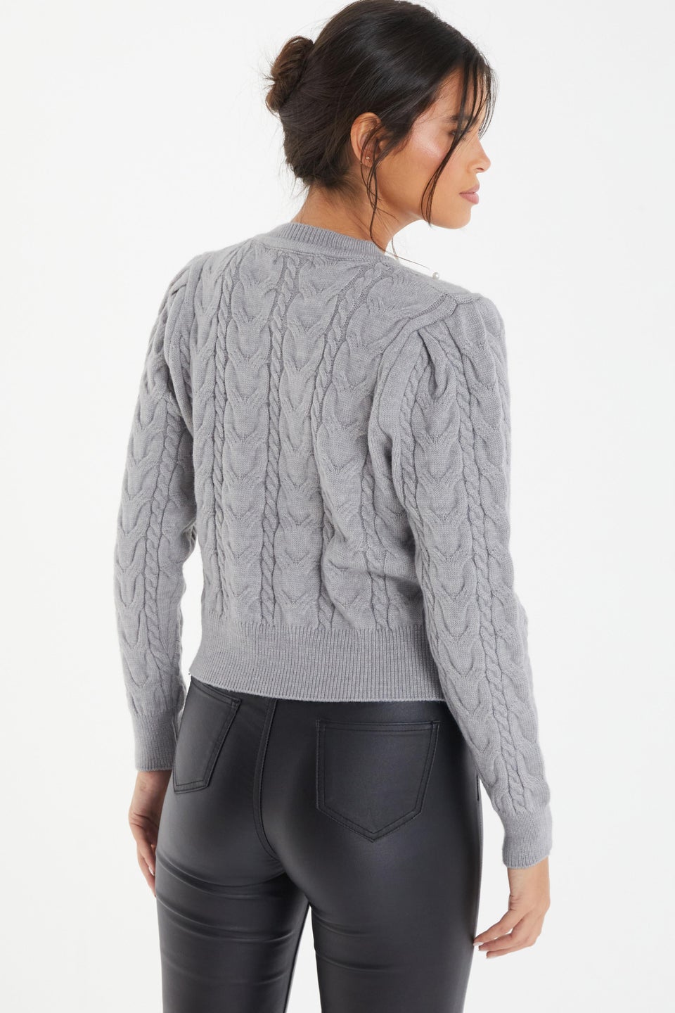 Quiz Grey Cable Knit Pearl Jumper