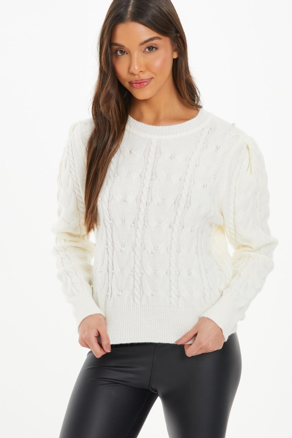Quiz Ivory Cable Knit Pearl Jumper