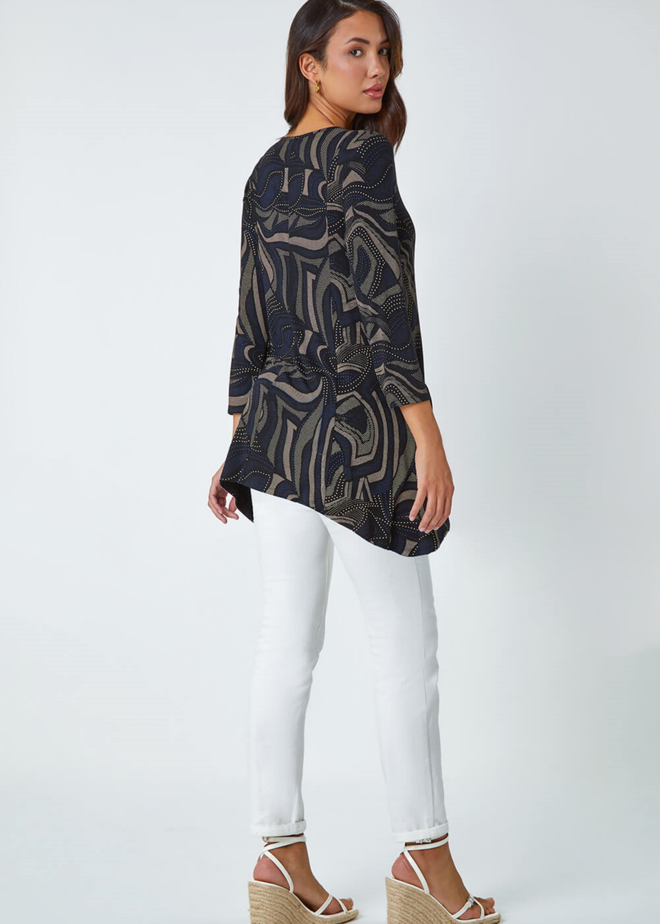 Roman Taupe Swirl Print Hanky Hem Stretch Top