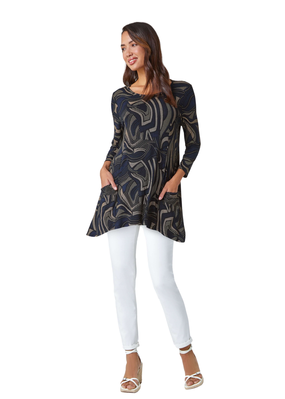 Roman Taupe Swirl Print Hanky Hem Stretch Top