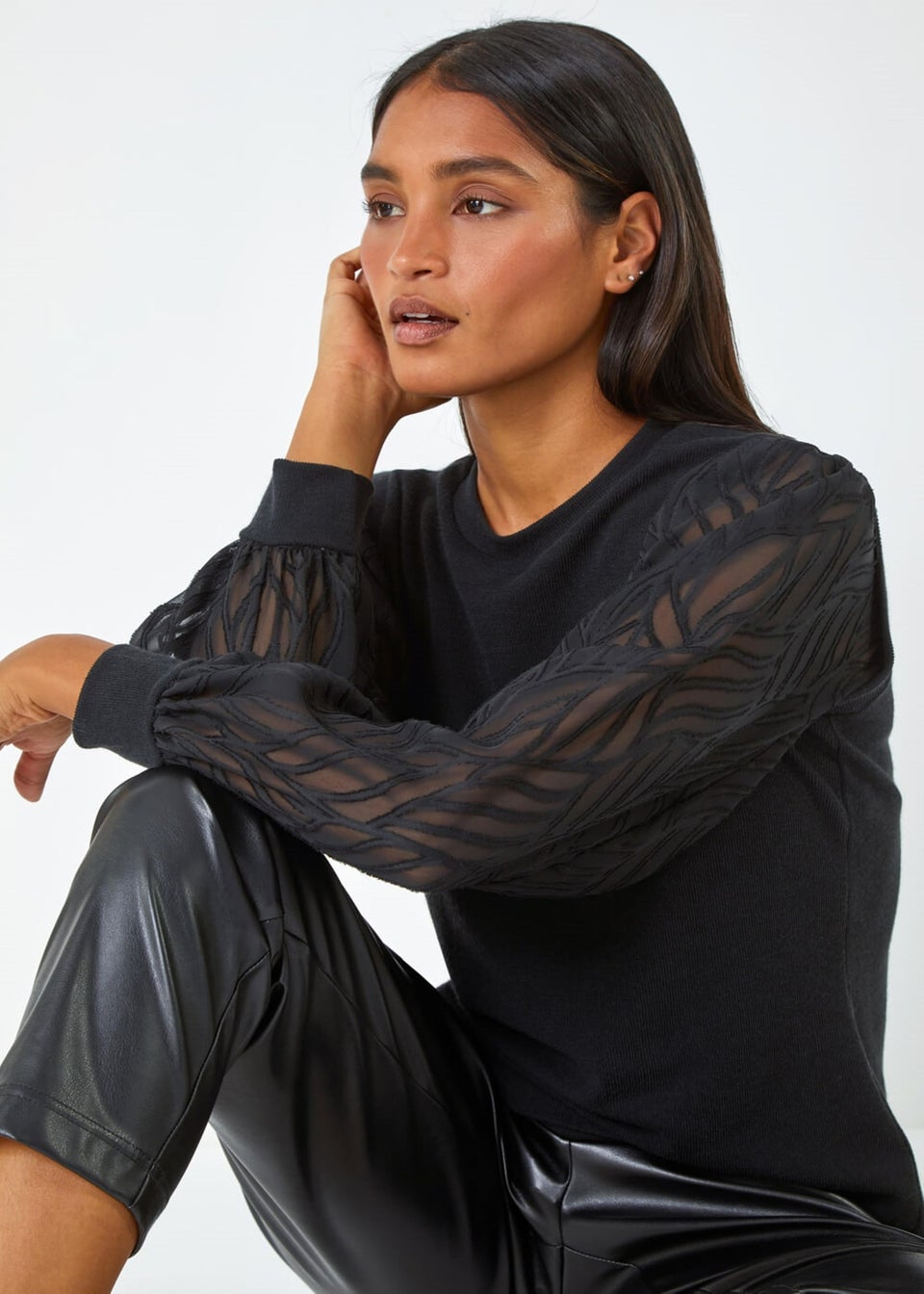 Roman Black Chiffon Sleeve Overlay Stretch Top