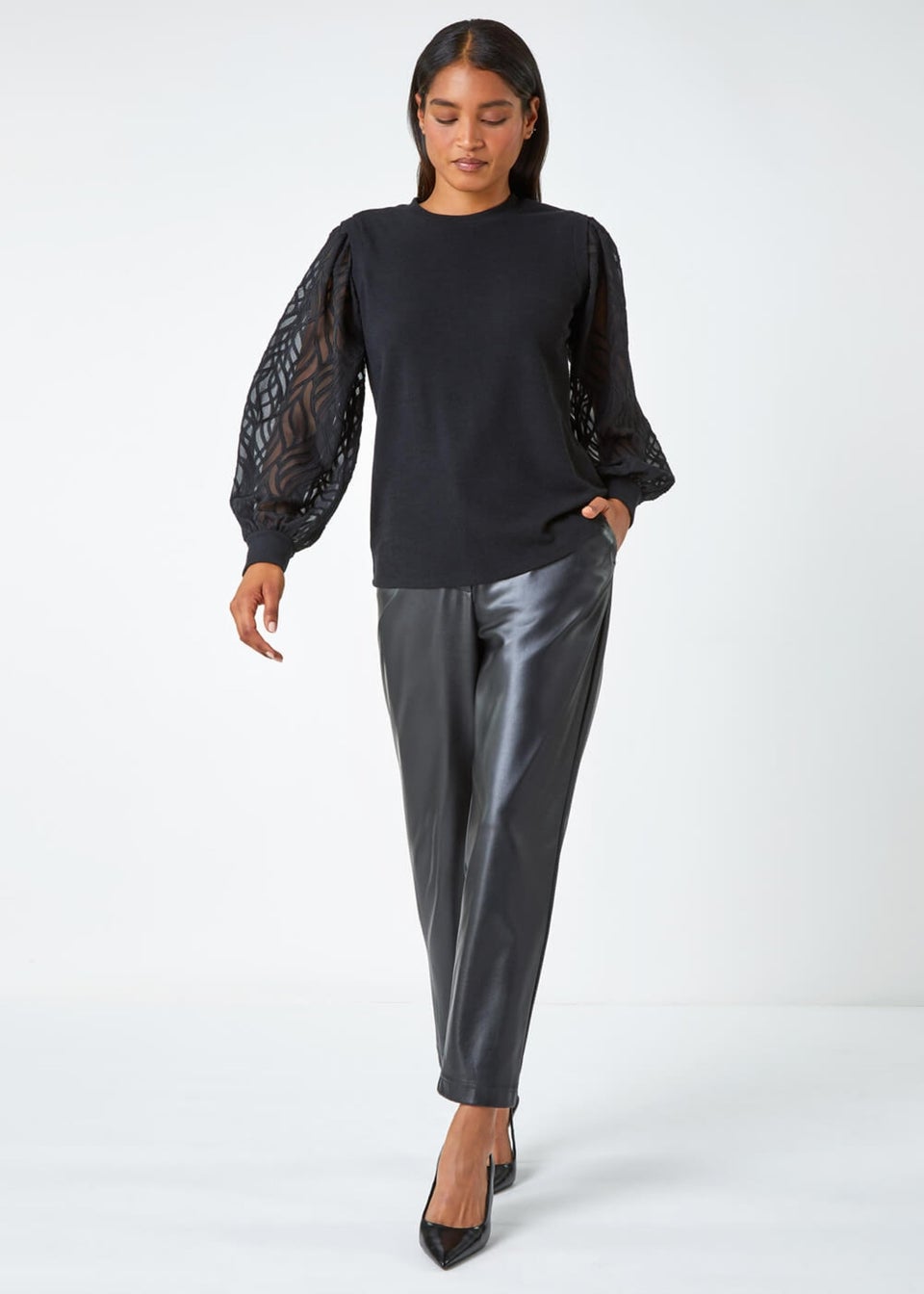 Roman Black Chiffon Sleeve Overlay Stretch Top Matalan