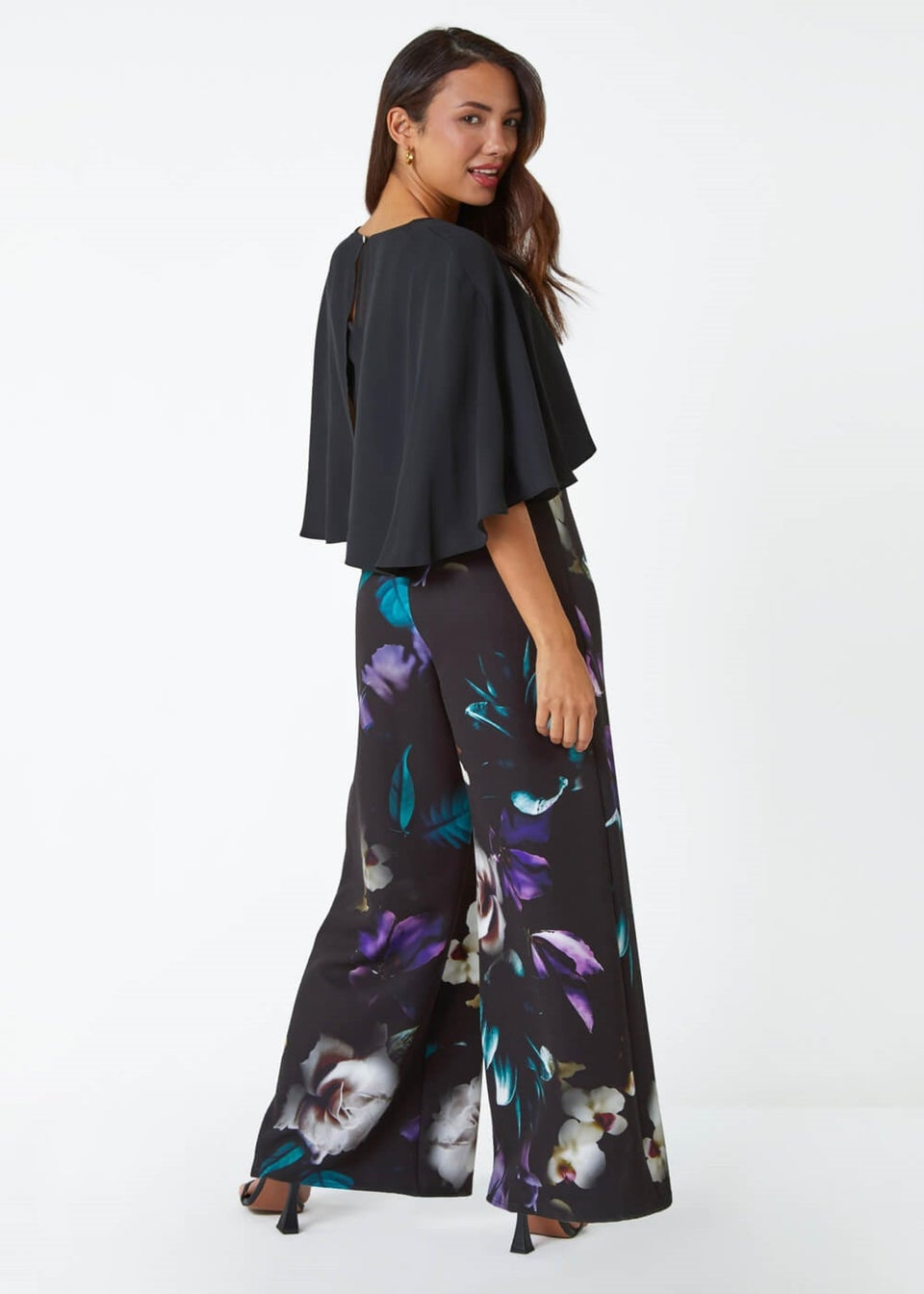 Roman Black Floral Cape Detail Wide Leg Jumpsuit