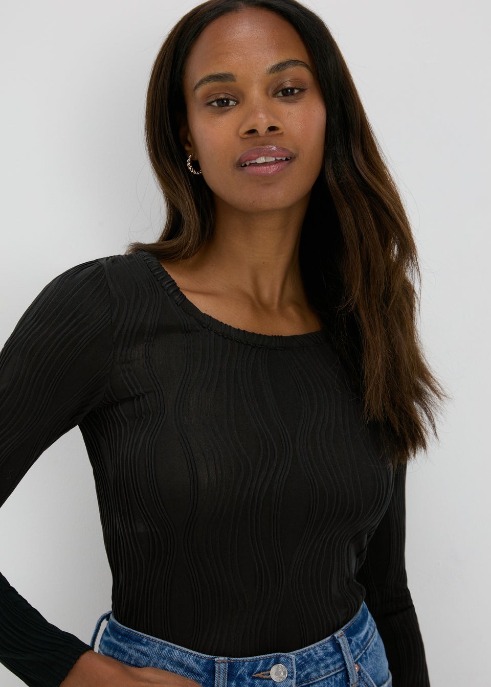 Black Textured Scoop Neck Top