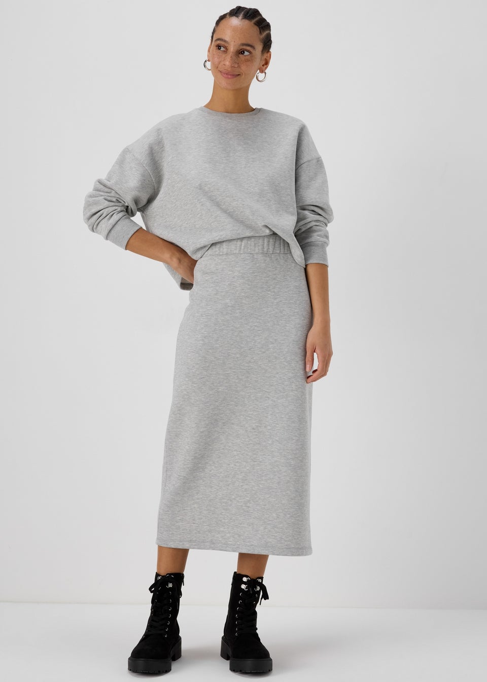 Grey Sweat Midi Skirt With Back Slit