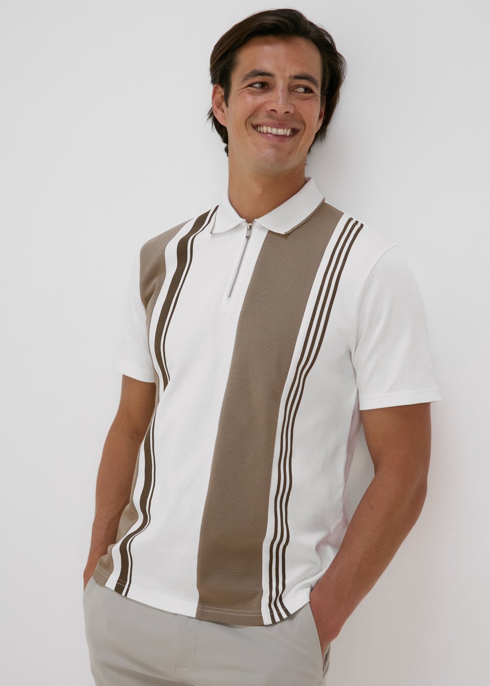 Ecru Vertical Stripe Smart Polo Shirt