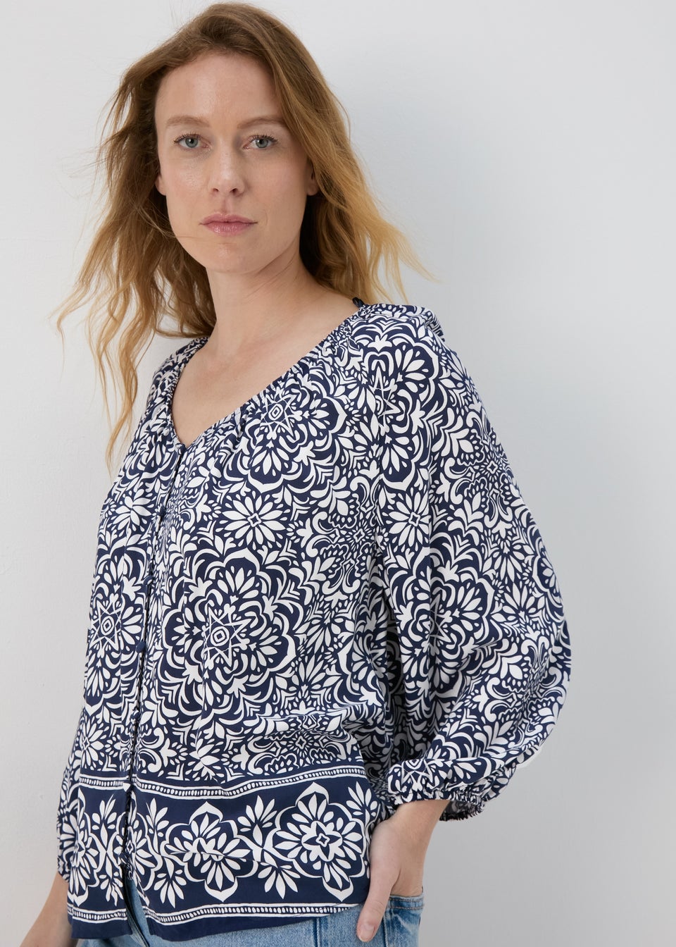 Navy Printed Button Down Blouse