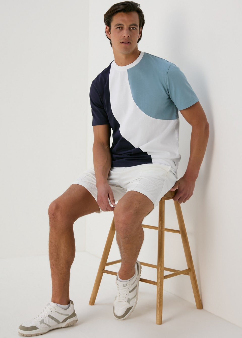 White & Navy Cut & Sew Wave T-Shirt