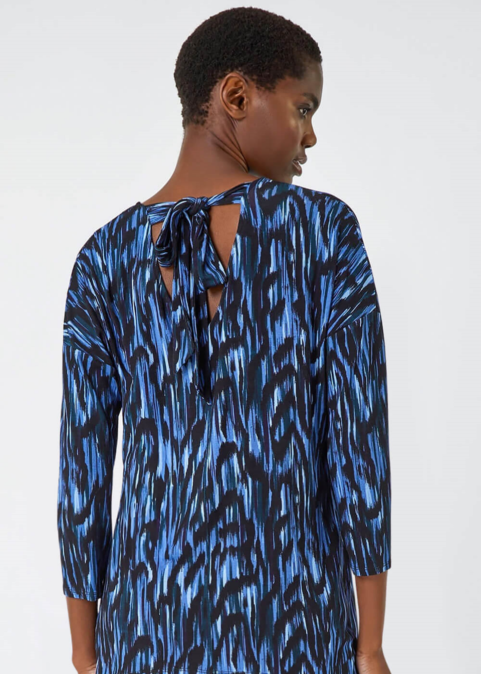 Roman Blue Abstract Print Tie Back Stretch Top