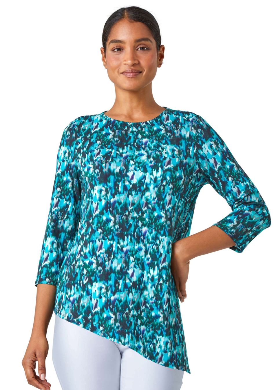 Roman Turquoise Abstract Print Asymmetric Stretch Top