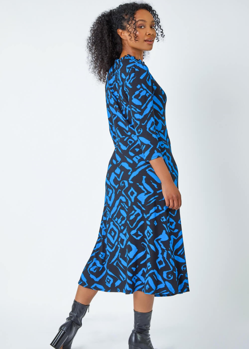 Roman Petite Blue Abstract Print Midi Stretch Dress