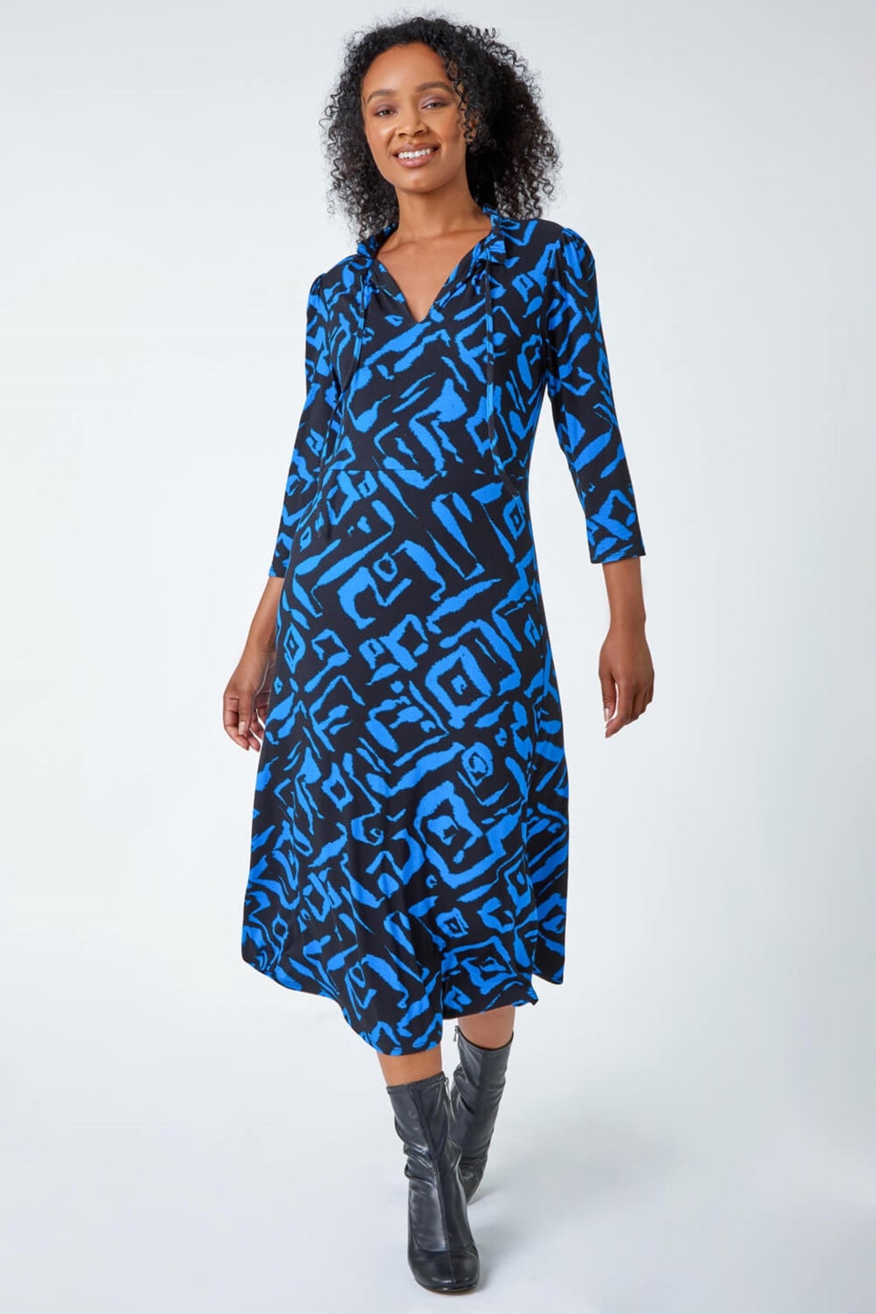 Roman Petite Blue Abstract Print Midi Stretch Dress