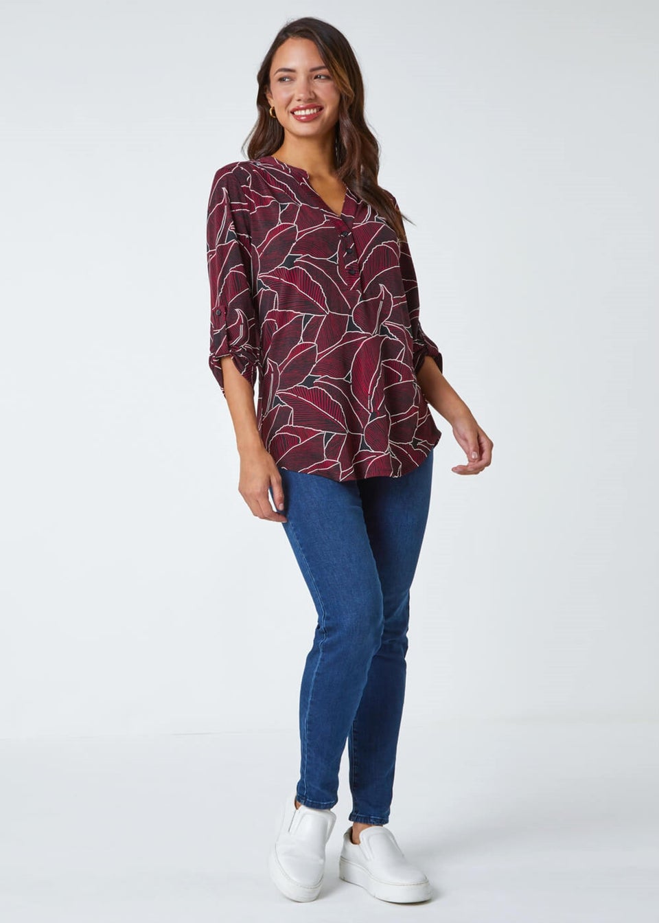 Roman Red Textured Leaf Stretch Jersey Top