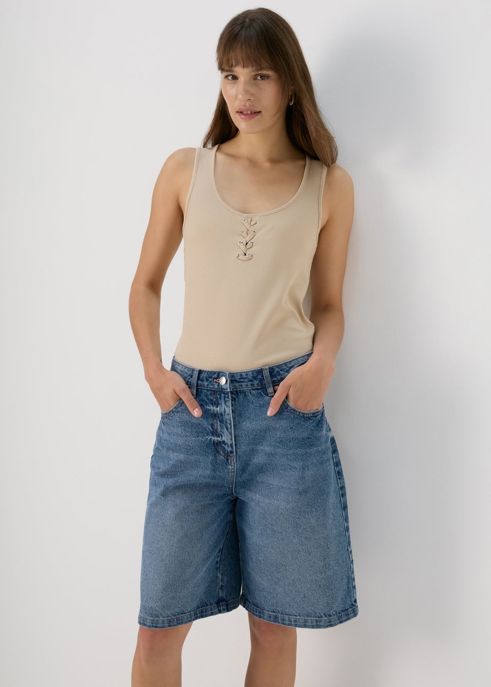 Mid Wash Longline Denim Shorts Matalan
