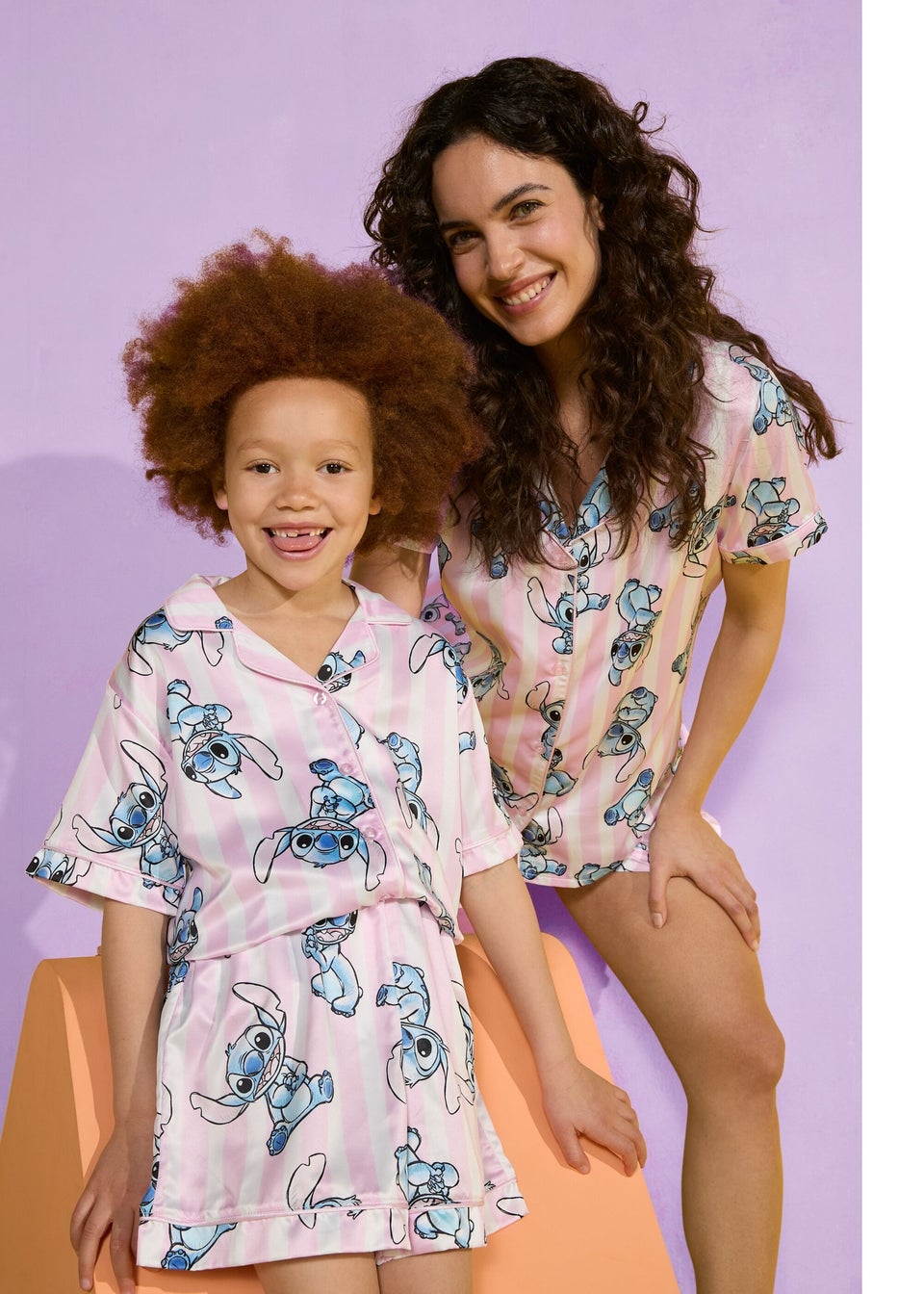 Disney Kids Pink Stitch Satin Pyjama Top Shorts Set 4 13yrs Matalan