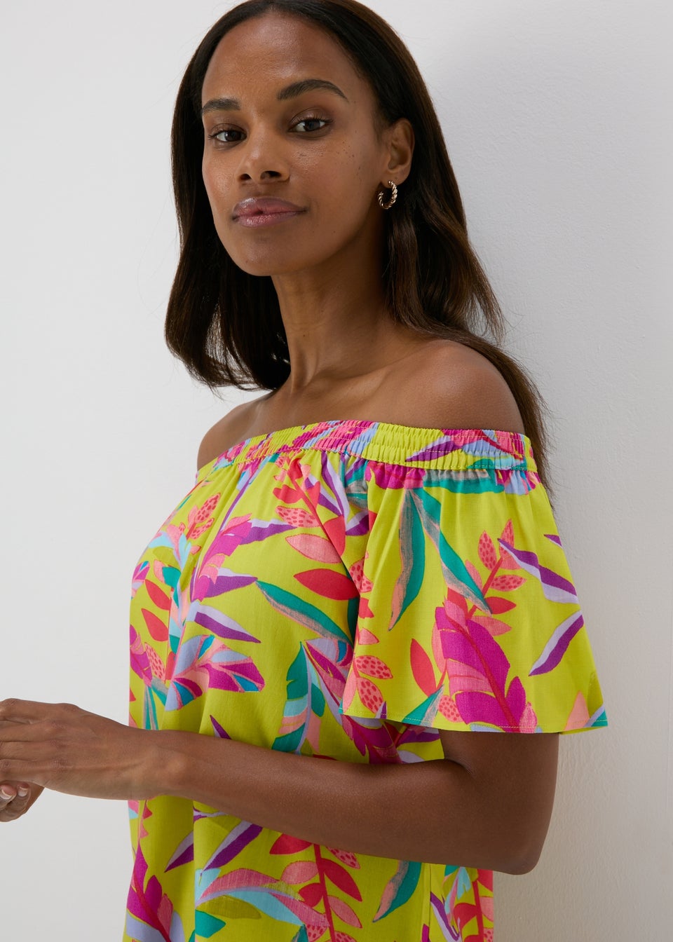 Green Tropical Viscose Bardot Top