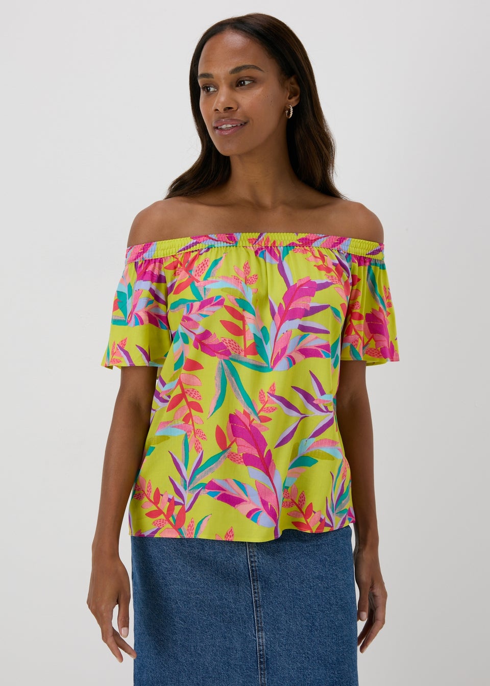 Green Tropical Viscose Bardot Top Matalan