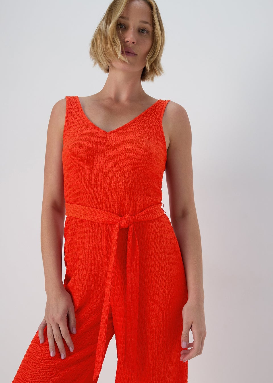 Red V Neck Crinkle Jumpsuit