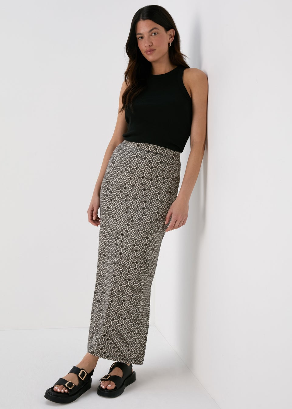 Black Tile Print Jersey Maxi Skirt Matalan