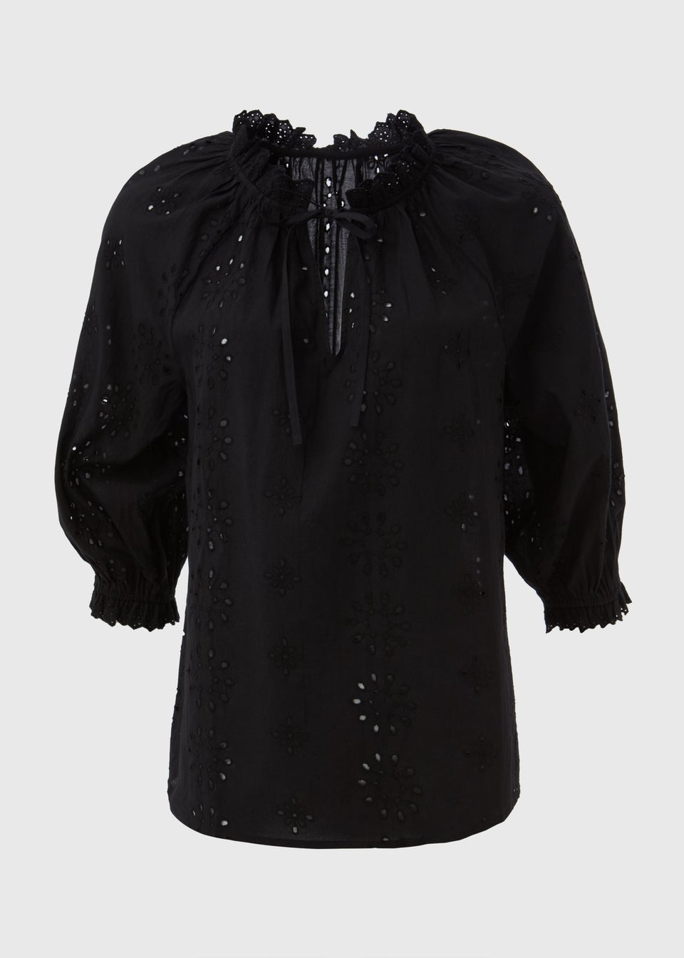 Black Embroidered Tie Front Blouse