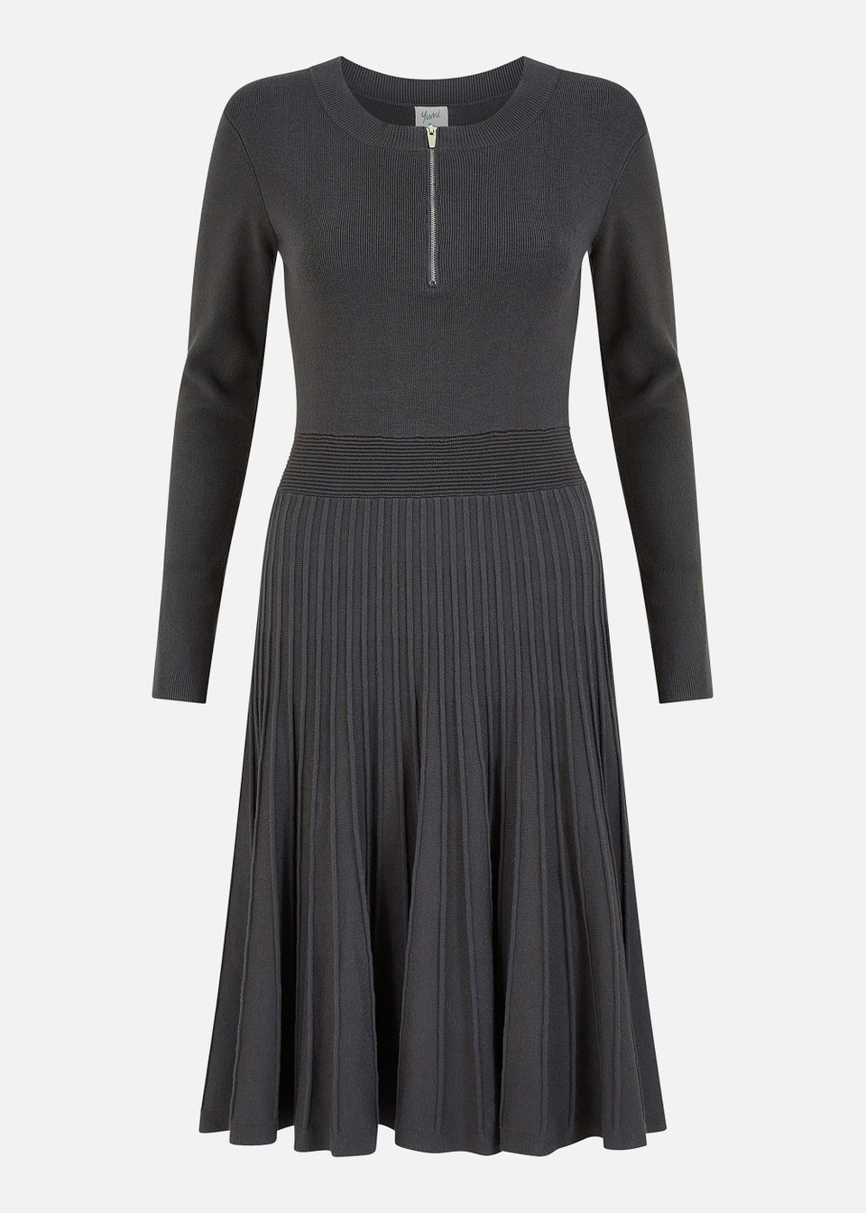 Yumi Knitted Pleated Skater Dress With Zip In Grey