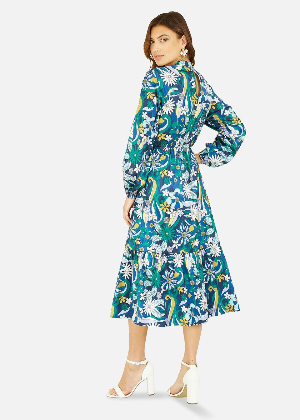 Yumi Seventies Floral Print High Neck Midi Dress With Long Sleeves In Green