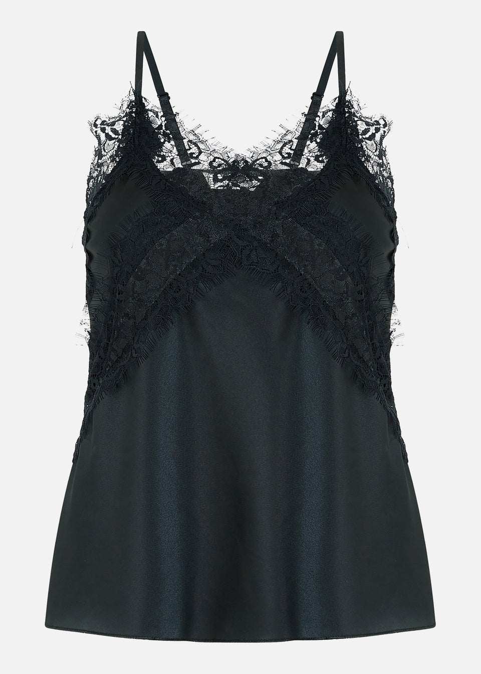 Yumi Satin Lace Detail Vest Top In Black