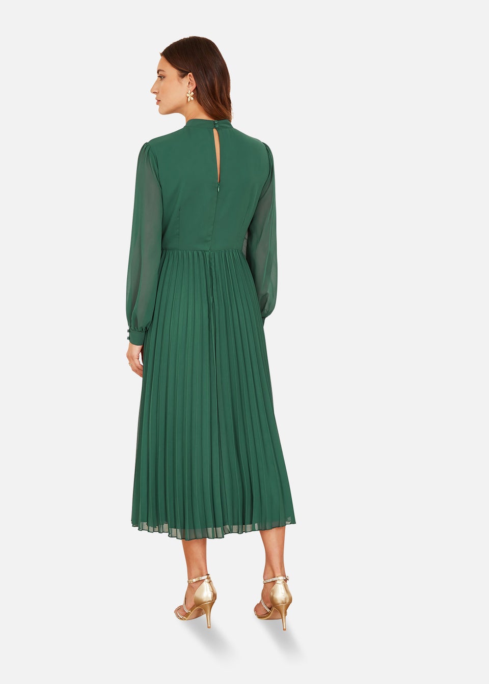 Yumi Embroidered Long Sleeve Pleated Midi Dress In Green