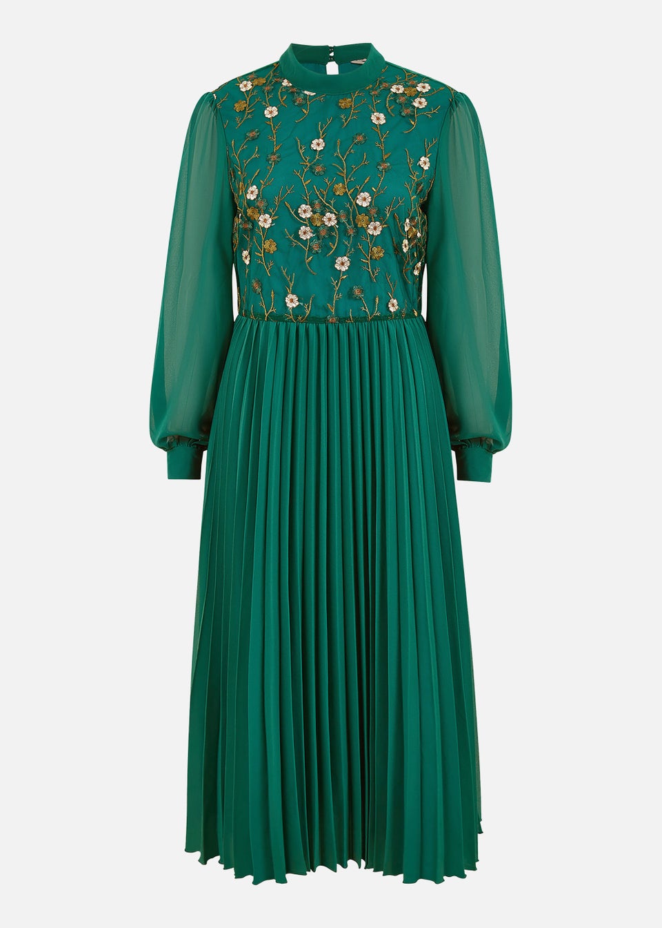 Yumi Embroidered Long Sleeve Pleated Midi Dress In Green