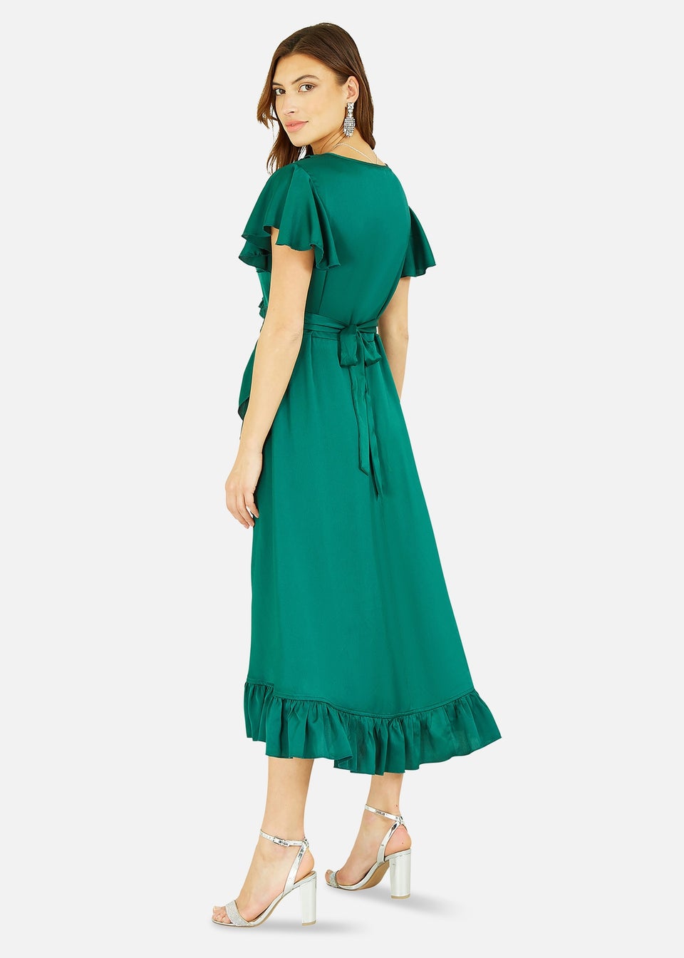 Yumi Satin Wrap Midi Dress In Green