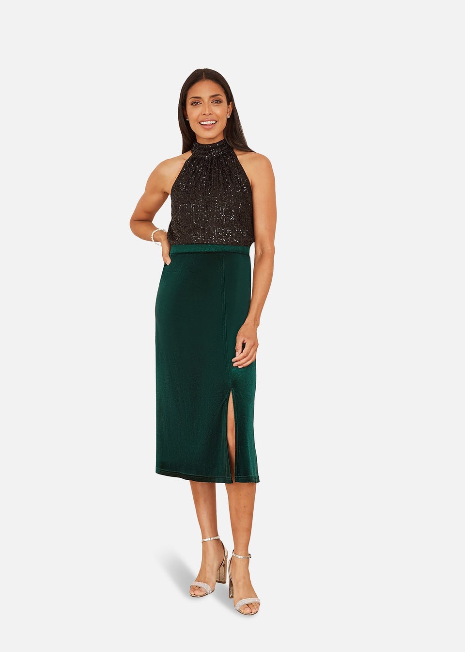 Yumi Green Velvet Skirt With Front Slit