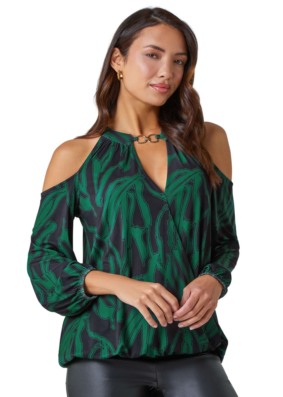 Roman Forest Green Abstract Print Cold Shoulder Stretch Top
