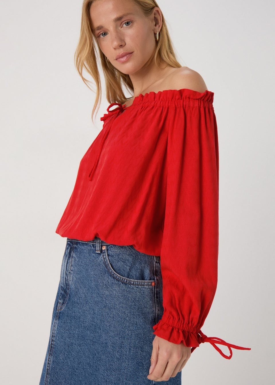 Red Tie Neck Bardot Top