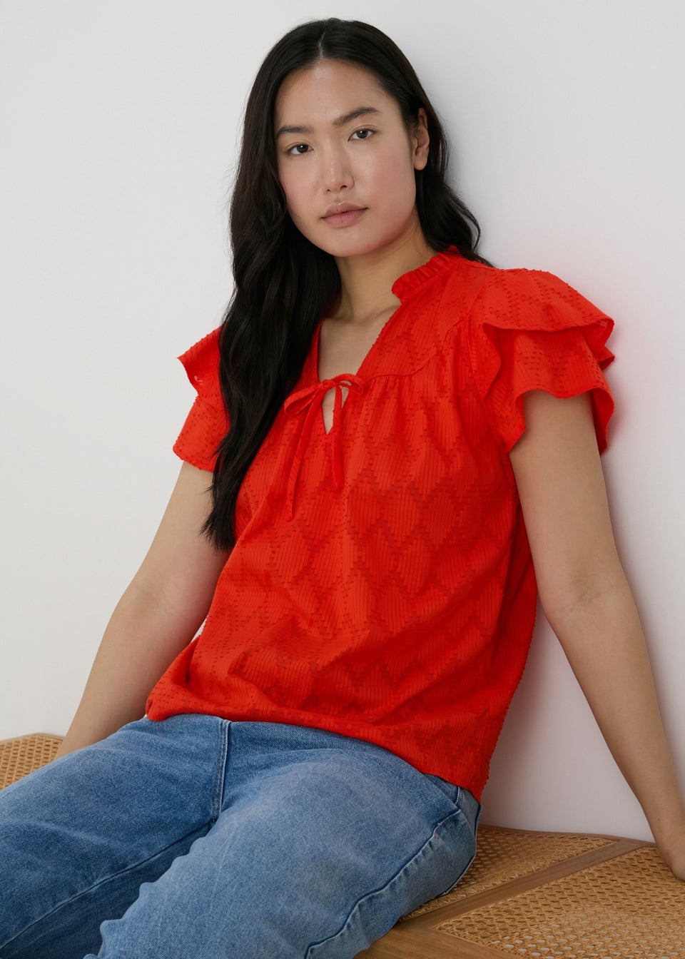 Red ruffle sleeve sweater on sale