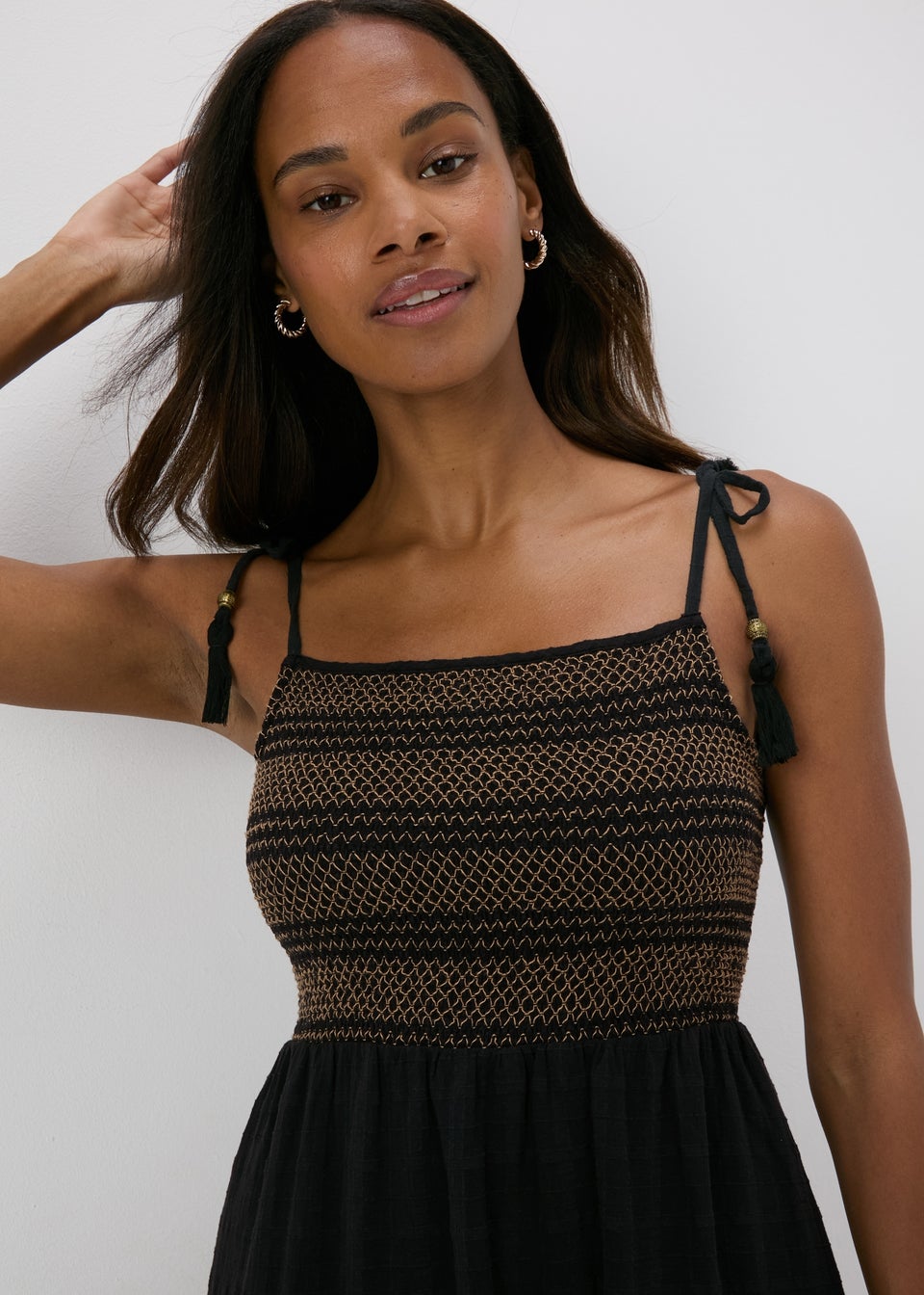 Black Shirred Cami Midi Dress