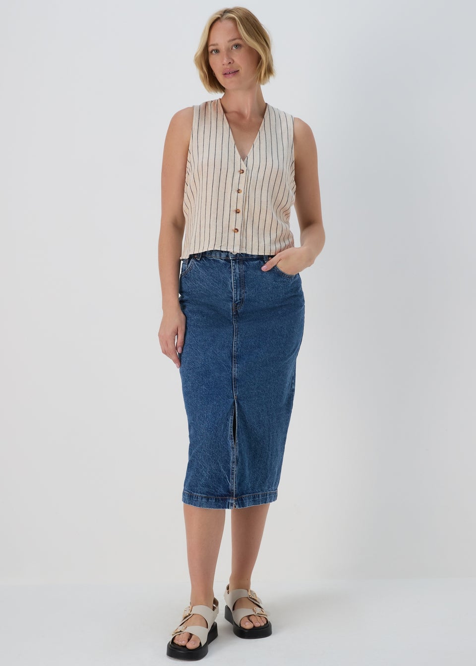 Beige Stripe Linen Button Vest