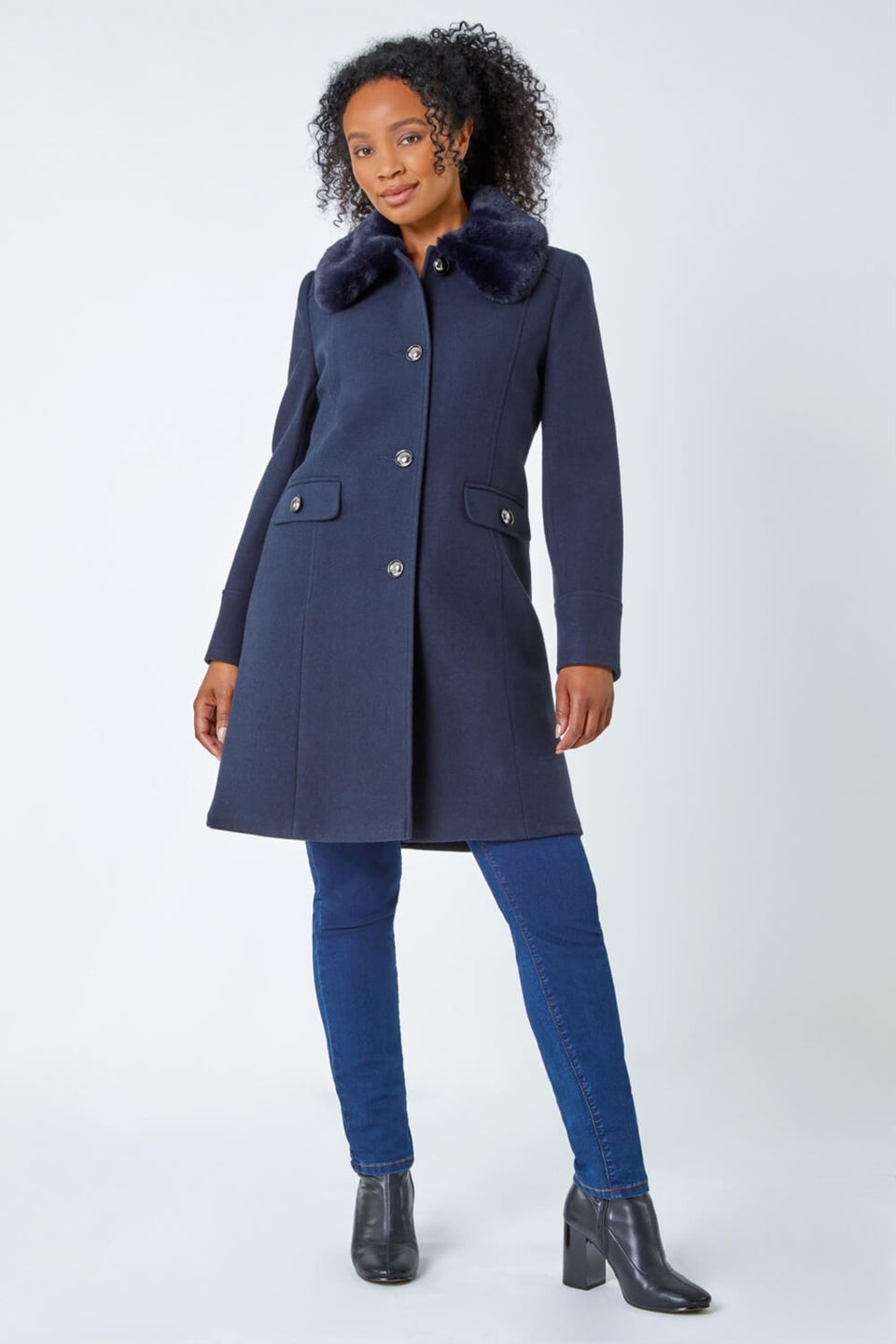 Navy fur collar coat top