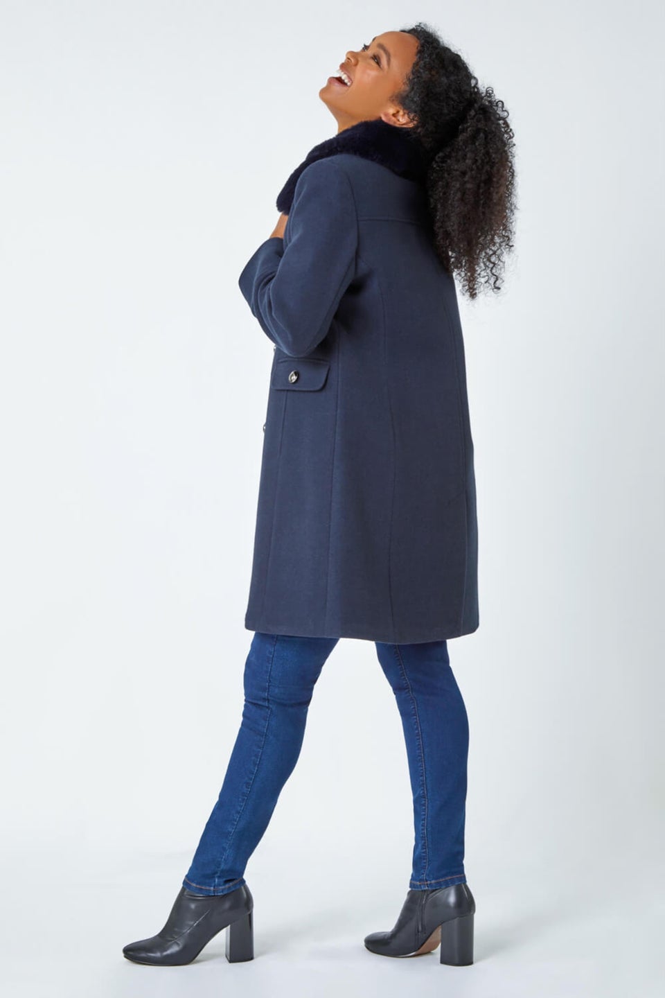 Roman Petite Navy Faux Fur Collar Longline Coat Matalan