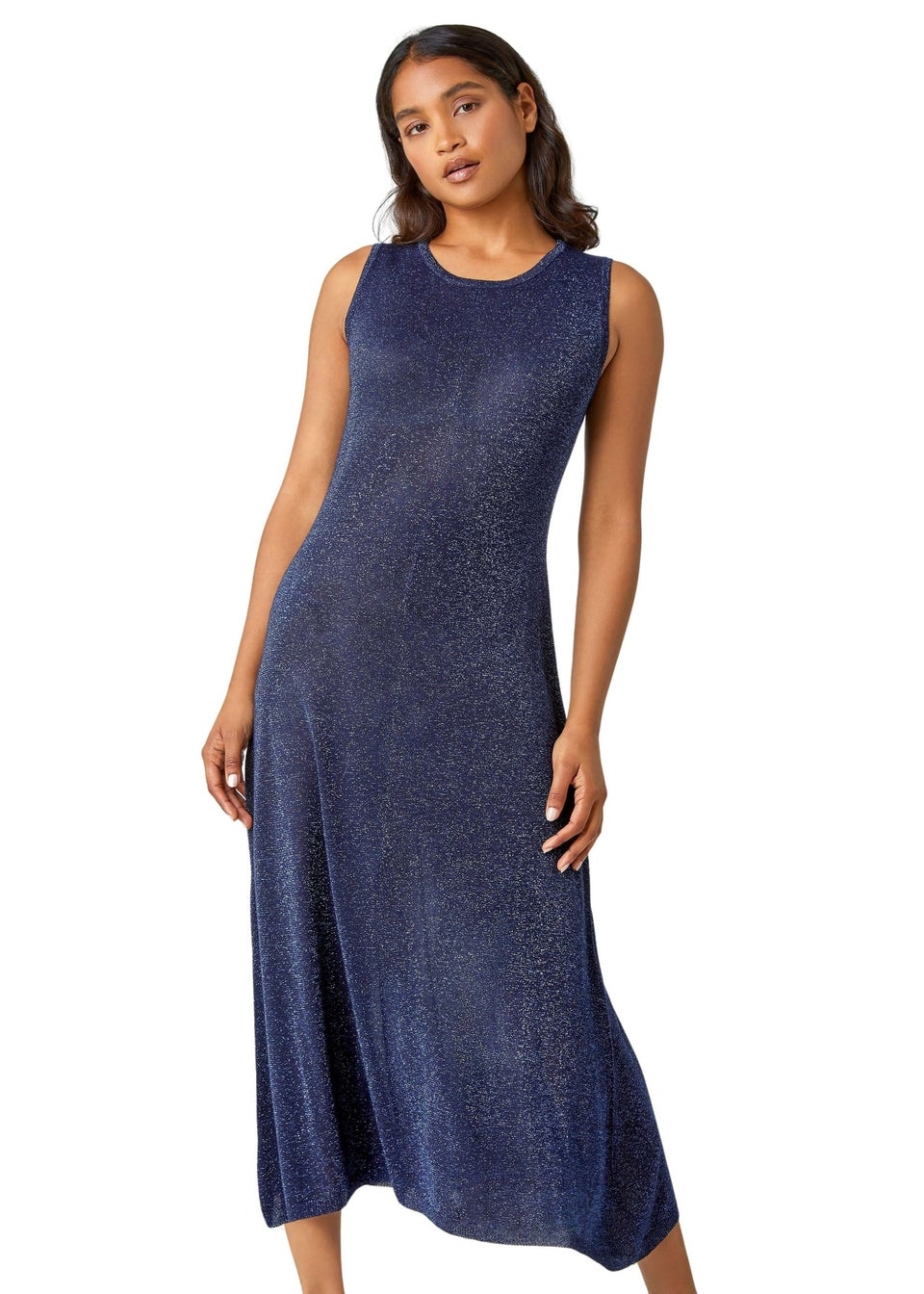 Roman Navy Sleeveless Sparkle Knitted Midi Dress