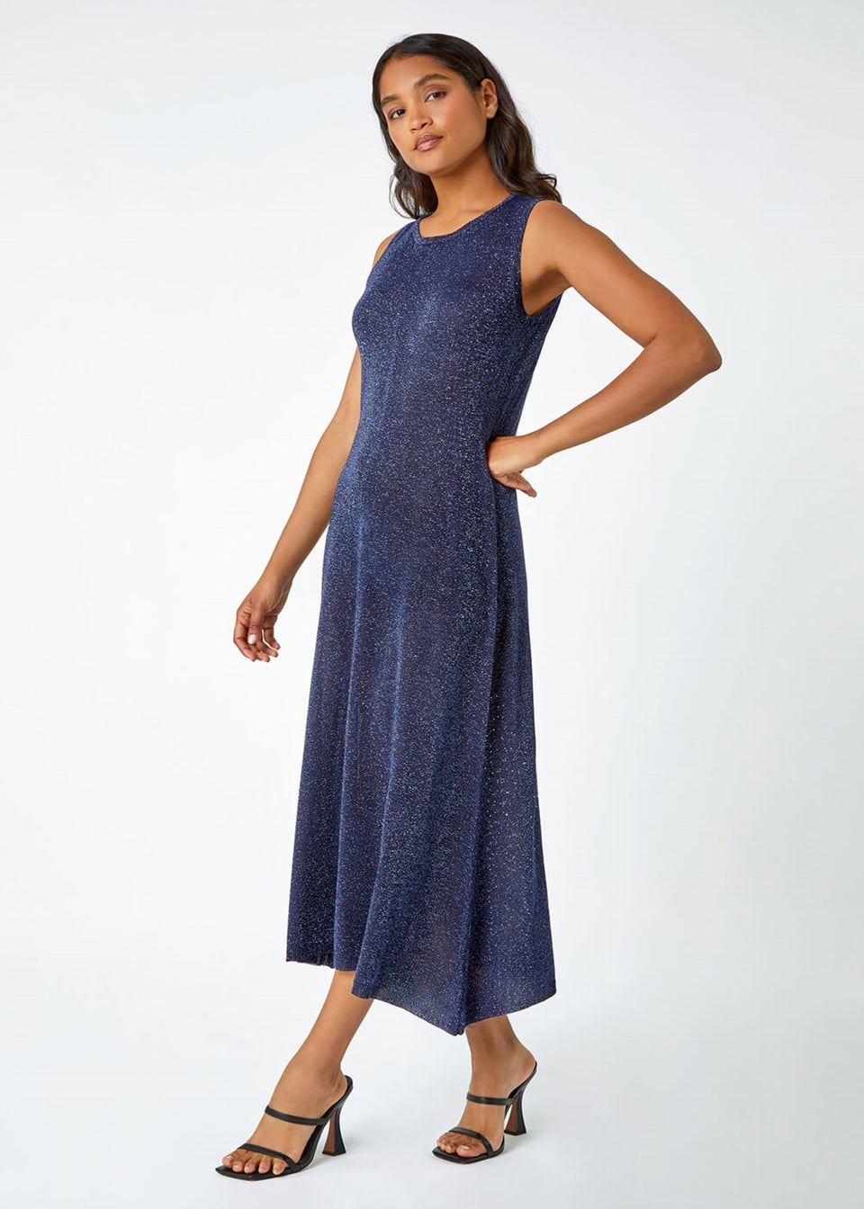 Roman Navy Sleeveless Sparkle Knitted Midi Dress